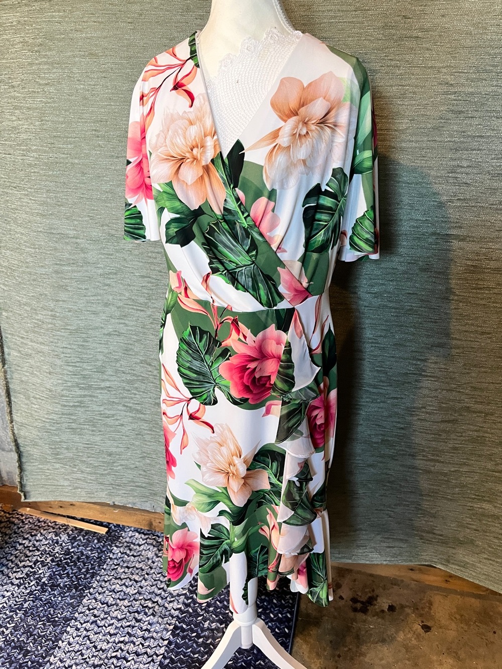 Joseph Ribkoff White Floral Midi Dress with Green and Pink